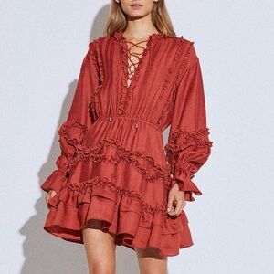 C/MEO Collective Slow Down Ruffled Dress Rust Red Sz XS